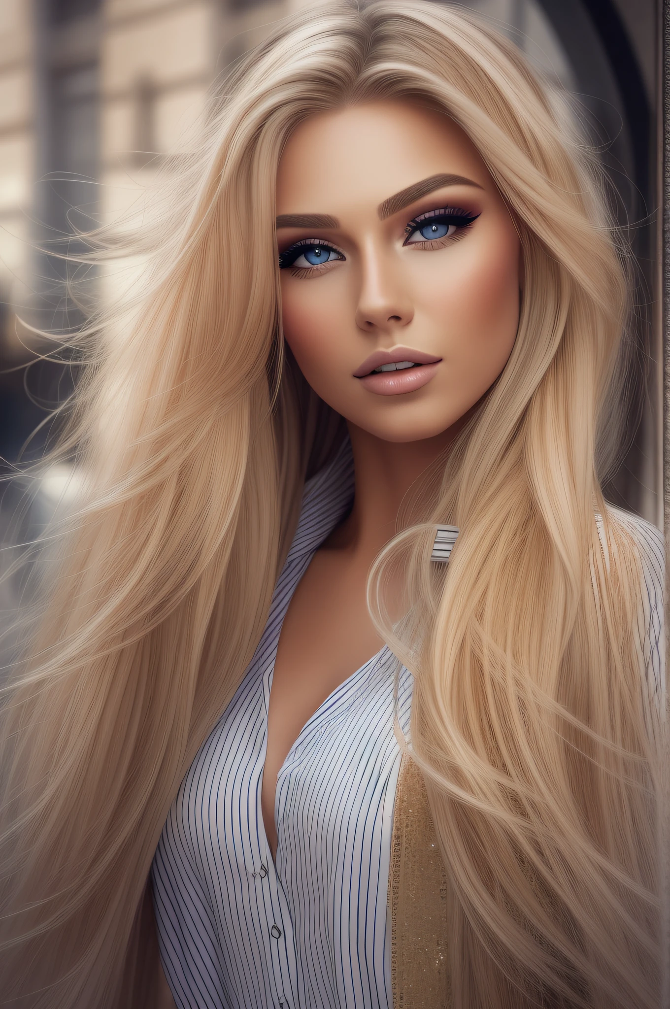 a woman with long blond hair, wearing sexy clothes, walking in the city, realistic perfect face, beautiful woman face, glam make-up, dark eye make-up, dark brown hair and makeup, perfect face model, Arabella mist-splitter, perfect face ), beautiful lips:5 stylish, beautiful female face, attractive female face!!!, beautiful feminine face, beautiful makeup, perfect face!!