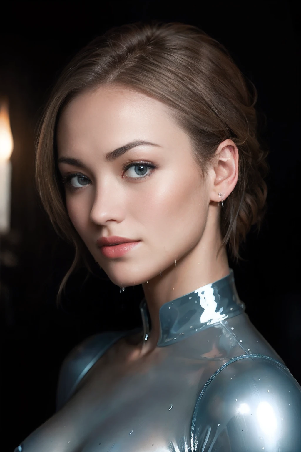 Photo d&#39;Yvonne Strahovski au dans un costume mécanique, seulement, yeux bleus, coupe de cheveux au carré inversé, peau brillante, peau mouillée, shiny peau brillante, peau brillante, la peau grasse, photo de fond noir, Ambiance chaleureuse, photographier, séance photo, Capturé par l&#39;appareil photo Panavision Panaflex Platinum avec objectif sphérique Panavision Primo Primes 75 mm T1.9