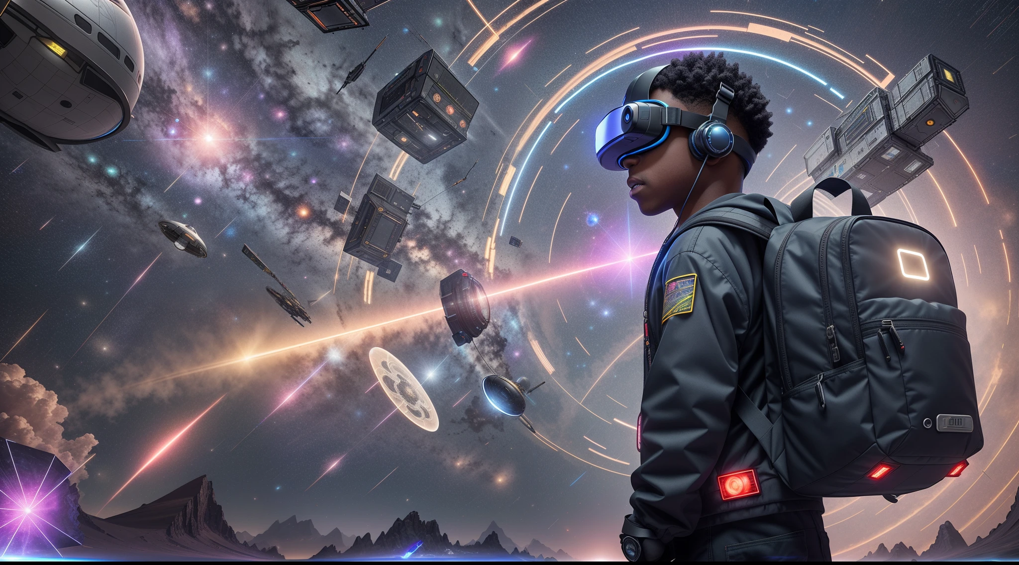 A 12 year old nigerian, chubby boy with short black hair, wearing futuristic VR goggles, an intricate futuristic backpack with flashing lights, standing with one foot forward on a glowing portal pad, arms spread out, body leaning forward, ready to jump into a swirling portal of blue, purple and pink light and clouds ahead of him. Detailed intricate sci-fi machinery, flashing lights, glowing power sources, and advanced technology surrounds him. Dramatic lighting creates high contrast on his excited expression as he adventures through space and time. Portrait photograph, detailed, intricate, photorealistic, Unreal Engine, Octane render, volumetric lighting, cinematic lighting, 35mm lens, wide depth of field. --auto --s2