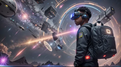 A 12 year old nigerian, chubby boy with short black hair, wearing futuristic VR goggles, an intricate futuristic backpack with f...