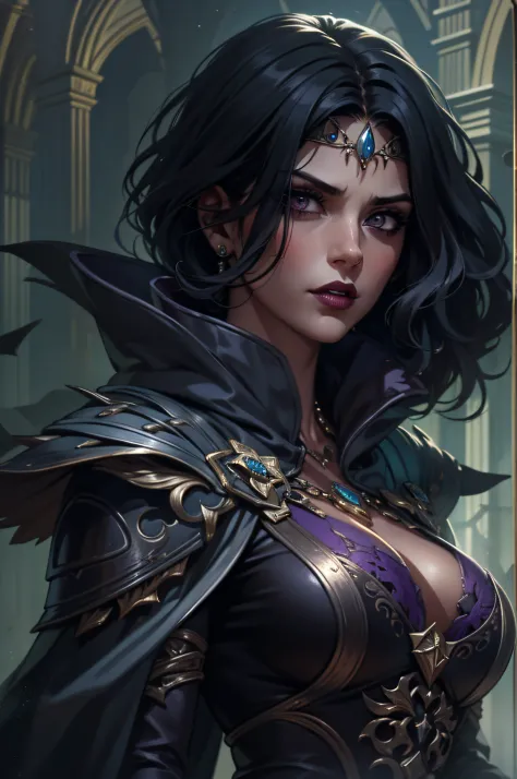 An adult vampire magician character wearing a very detailed and beautiful gothic armor. Seu cabelo com corte curto. Black hair color. Lip color: black, purple eye color, manto, capuz, Eclipse at the apex of the image, Sanctuary, Magnificent, 8k, with an ai...