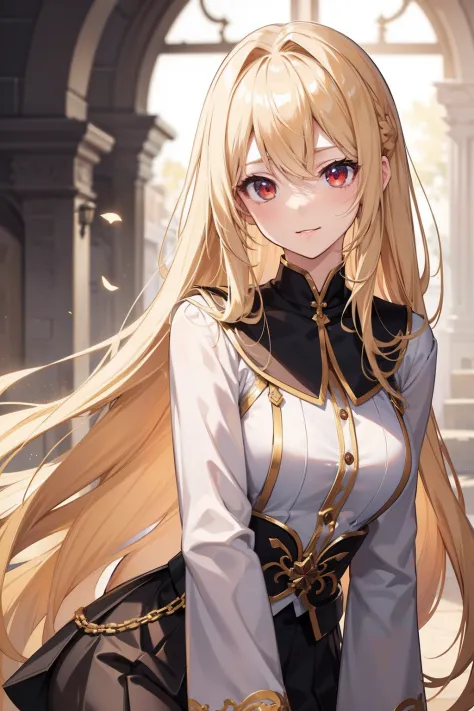 a blond,Bright, shiny hair、 girl, masutepiece, Sharp Focus, Best Quality, depth of fields, Cinematic lighting, detailed costume, Perfect eyes, Plenty of detail and texture, high school costume, Red Eyes, gold hiar color, Colored, Outdoors, Very long hair, ...