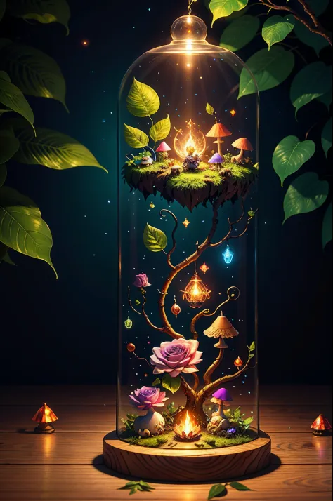 Fantasy in a lot of glass, Illuminate the night,"ethereal roses, Cute slime,Tiere, glowing little mushrooms surrounded by delica...