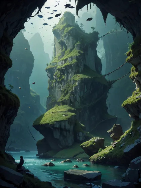 lanscape, 8k potrait of beautiful cave landscape with tall rock stone ...