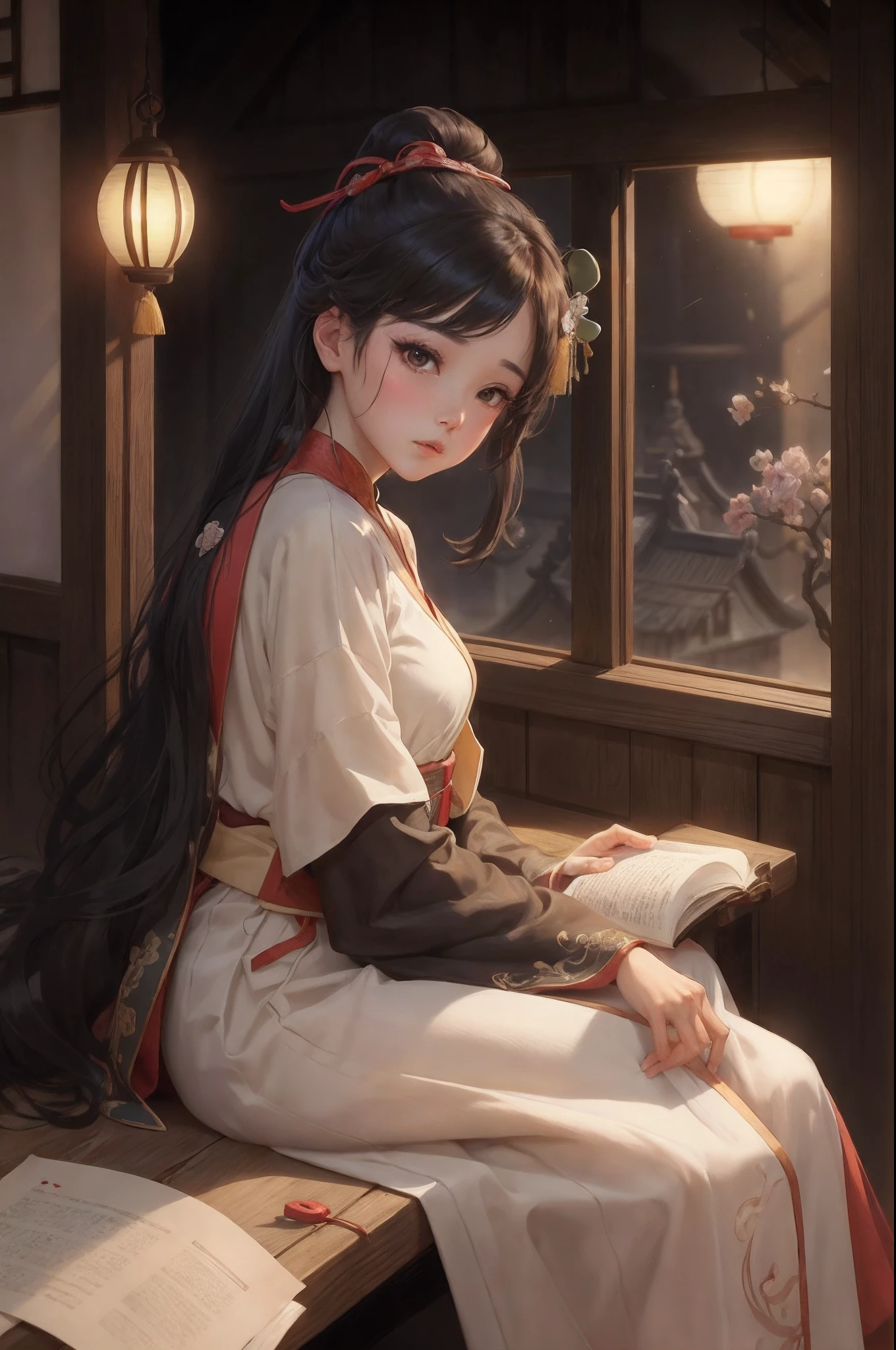 A girl sitting on a table in Hanfu, Holding a book in his left hand, Right-handed comb, Character, Beautiful Chinese girl, 4 K illustration anime style, Beautiful artistic illustration