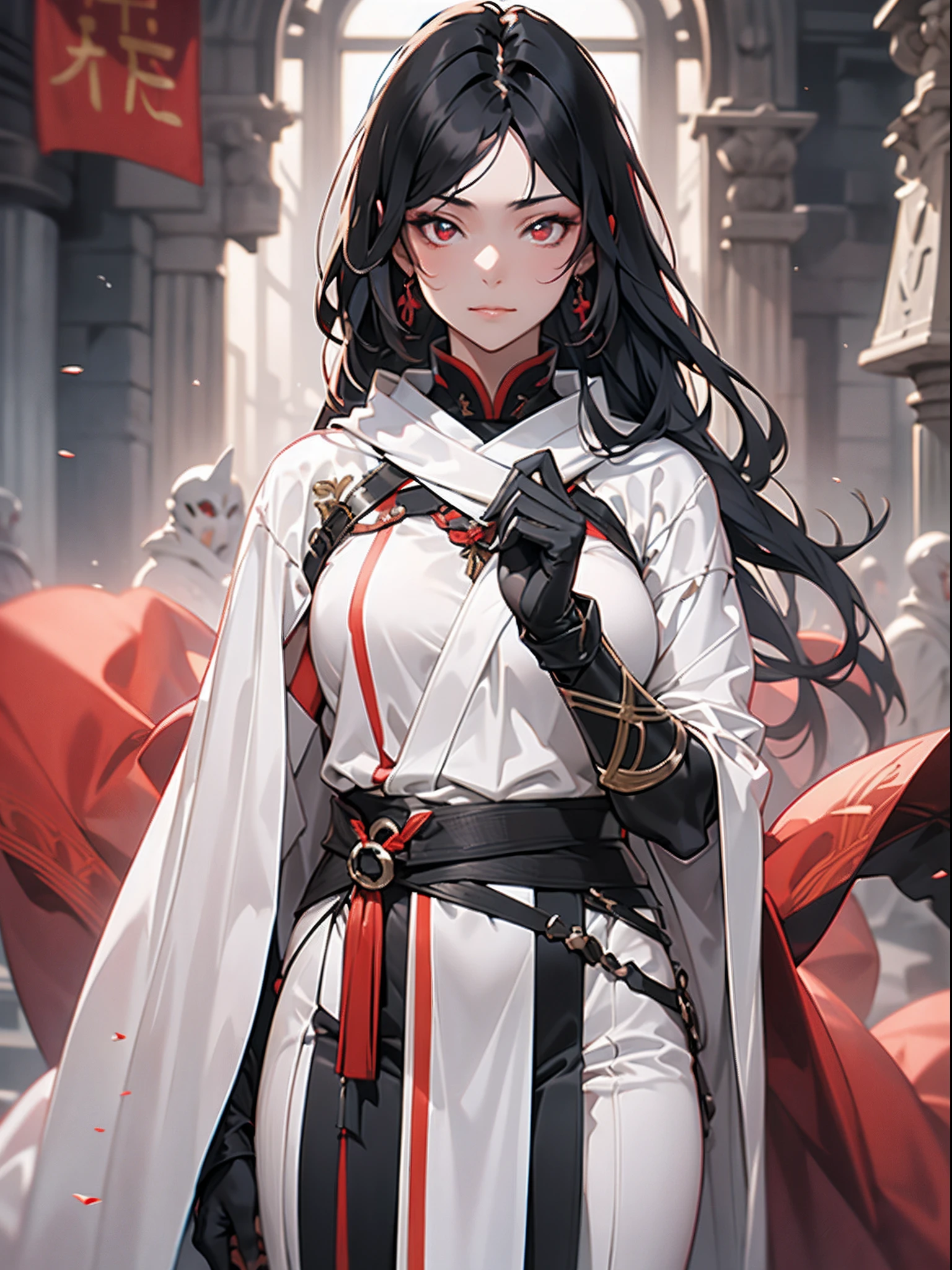 1girl in,onmyouji,suikan,armor,White cloak with red decoration,black long hair,red eyes,Black gauntlet and gloves,nice hand, Perfect hands