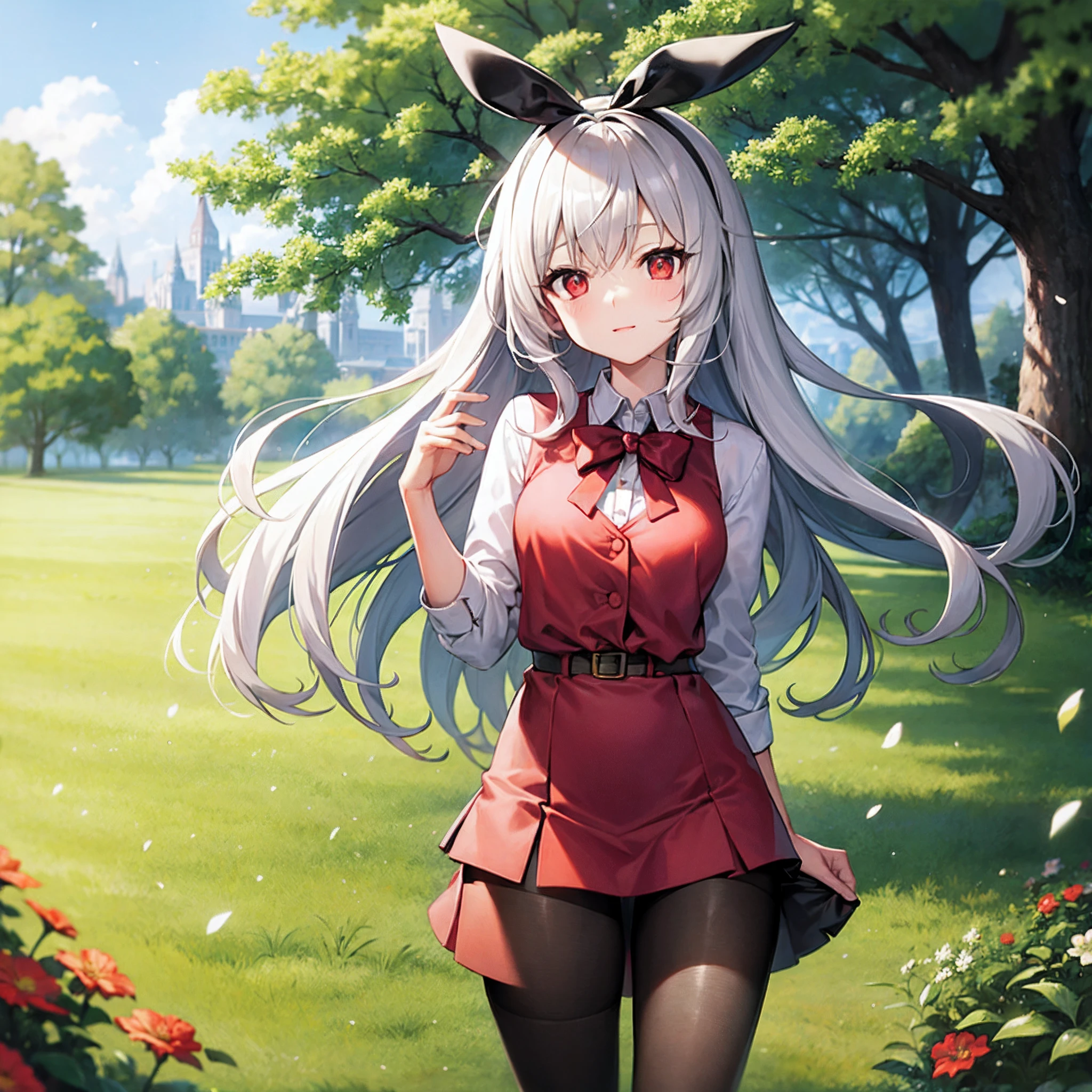 wavy gray hair、bow ribbon、red eyes、Beautiful girl alone、a miniskirt、Black tights、flower  field