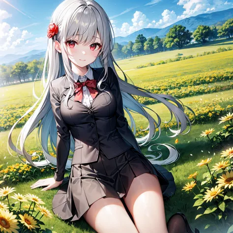 wavy gray hair、bow ribbon、red eyes、Beautiful girl alone、a miniskirt、Black tights、flower  field