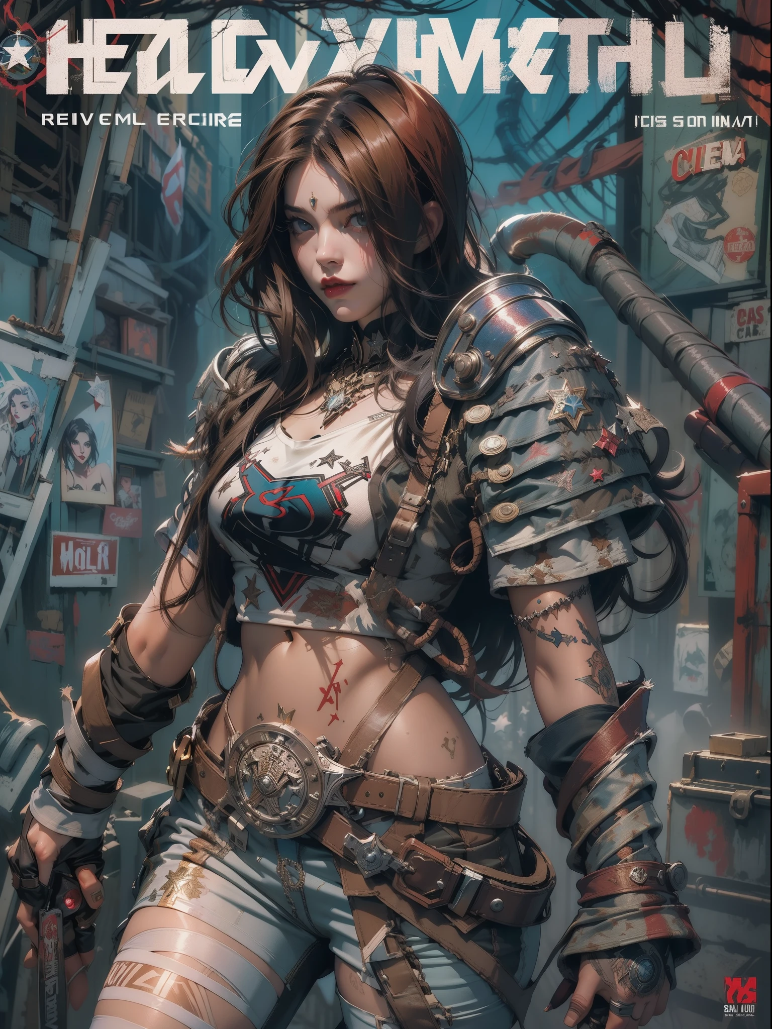 (((امرأة))), (((جودة أفضل))), (((العمل الخام))), (((بالغ))), (((1فتاة))), ((( قصة شعر بوب ))), Uma gladiadora cyberpunk امرأة de 25 anos com corpo perfeito, منصات الكتف مع أشواك معدنية, مصارعو بروكلين, (( قصة شعر بوب )), سراويل جلدية صغيرة, تي شيرت ممزق لوقت الرجبي, شبه عارٍ بأسلوب سيمون بيسلي الحضري الجامح على غلاف مجلة هيفي ميتال, شعر اشقر قصير, الحد الأدنى من الملابس, حماية معدنية على الذراع الأيسر برسومات معقدة, أحمر داكن مع نجوم بيضاء ونمط مخطط باللونين الأزرق والأبيض, درع, مليئة بالمسامير والمسامير, الوشم السام (((من الركبة إلى أعلى))), شعر أشقر أبيض قصير, في الخلفية جدار رسمه شيبرد فيري بتصميم معقد