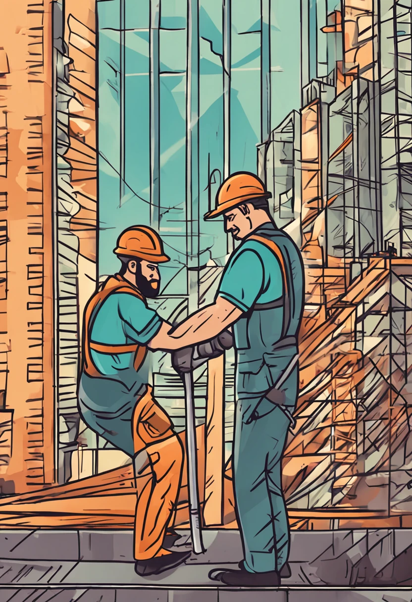 Two construction workers are working on a building with a large hammer -  SeaArt AI