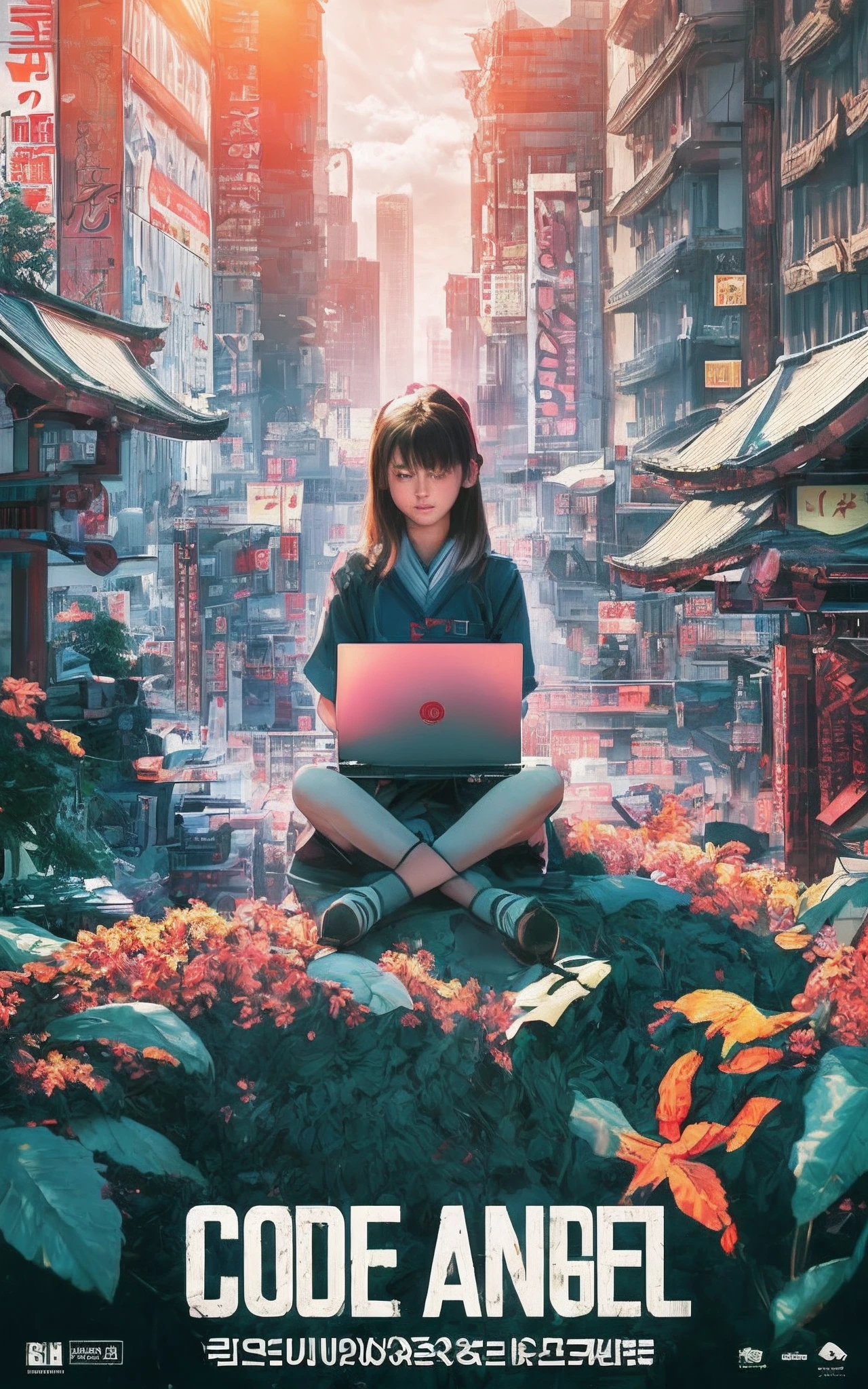 fotografía cinematográfica cartel de película, mostrando a una niña de 13 años sentada en un santuario en un valle entre edificios en Akihabara, Tokio, Operar una computadora portátil. El sol de la mañana brilla. 8k, mejor renderizado, texto superior dice "Ángel del código"