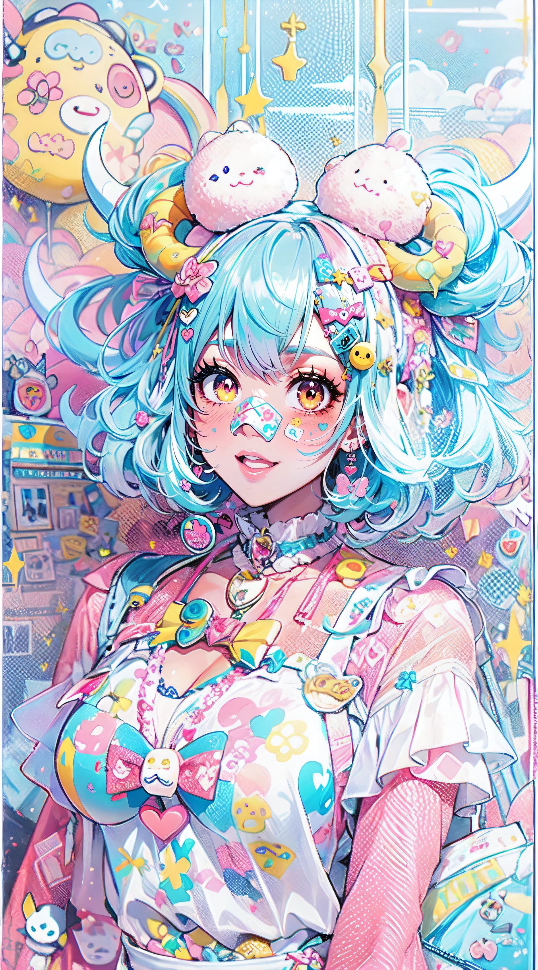 "kawaii, cute, adorable woman with pink, yellow, and baby blue color scheme. She is dressed in sky-themed clothes made out of clouds and sky motifs. Her outfit is fluffy and soft, with decora accessories like hairclips. She embodies the vibrant and trendy Harajuku fashion style." White hair, red eyes, horns, demon wings, big ,big ass, big lips, juicy lips, huge hair, smile