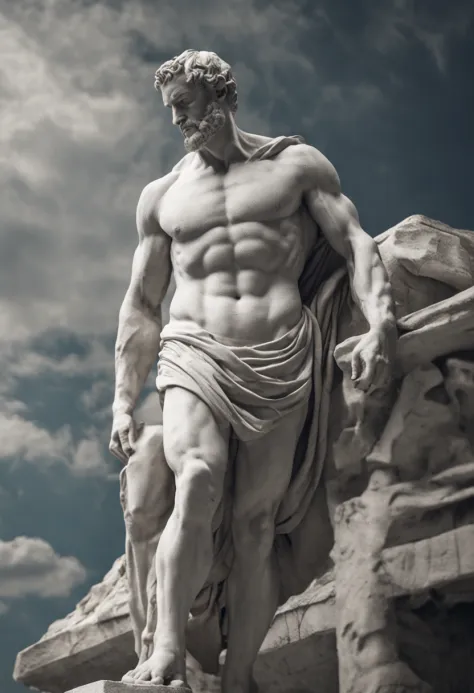 white statue, Stoic gricki which is the historical Greek status with muscles in the muscular man style profile, barba grande, Cinematic 8k and dark background