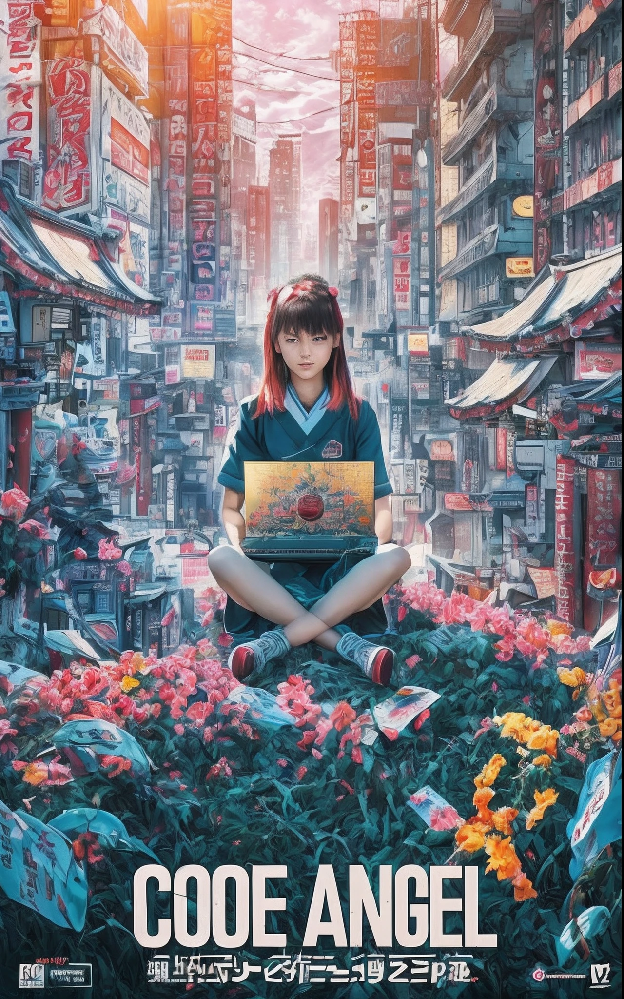 Cartazes de filmes fotográficos, Mostrando uma menina de 13 anos sentada em um santuário no vale entre prédios em Akihabara, prefeitura de Tóquio, Trabalhando com um laptop. o sol da manhã está brilhando. 8K, melhor renderização, O texto principal diz "Código Anjo"