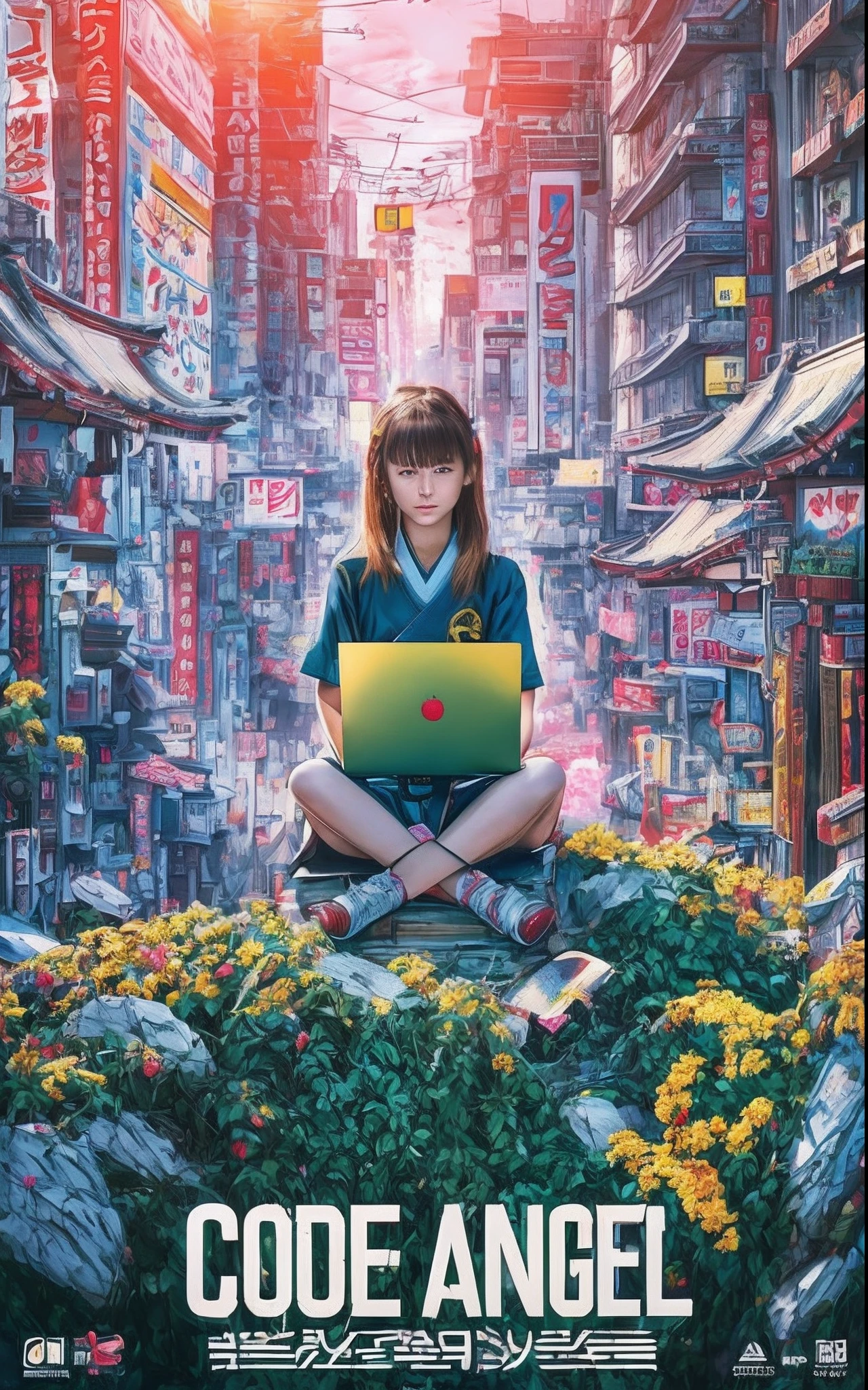 Cartazes de filmes fotográficos, Mostrando uma menina de 13 anos sentada em um santuário no vale entre prédios em Akihabara, prefeitura de Tóquio, Trabalhando com um laptop. o sol da manhã está brilhando. 8K, melhor renderização, O texto principal diz "Código Anjo"