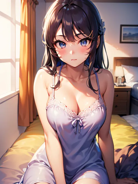 ((best quality, highres, UHD, 8k wallpaper, extremely detailed, perfect pixel, perfect anatomy)), ((anime smooth CG, skin texture:1.2)), 1sakurajimamai, anime character, 2d, sketch art, one anime woman, sad, blushing, embrassed, black hair, busty, medium b...