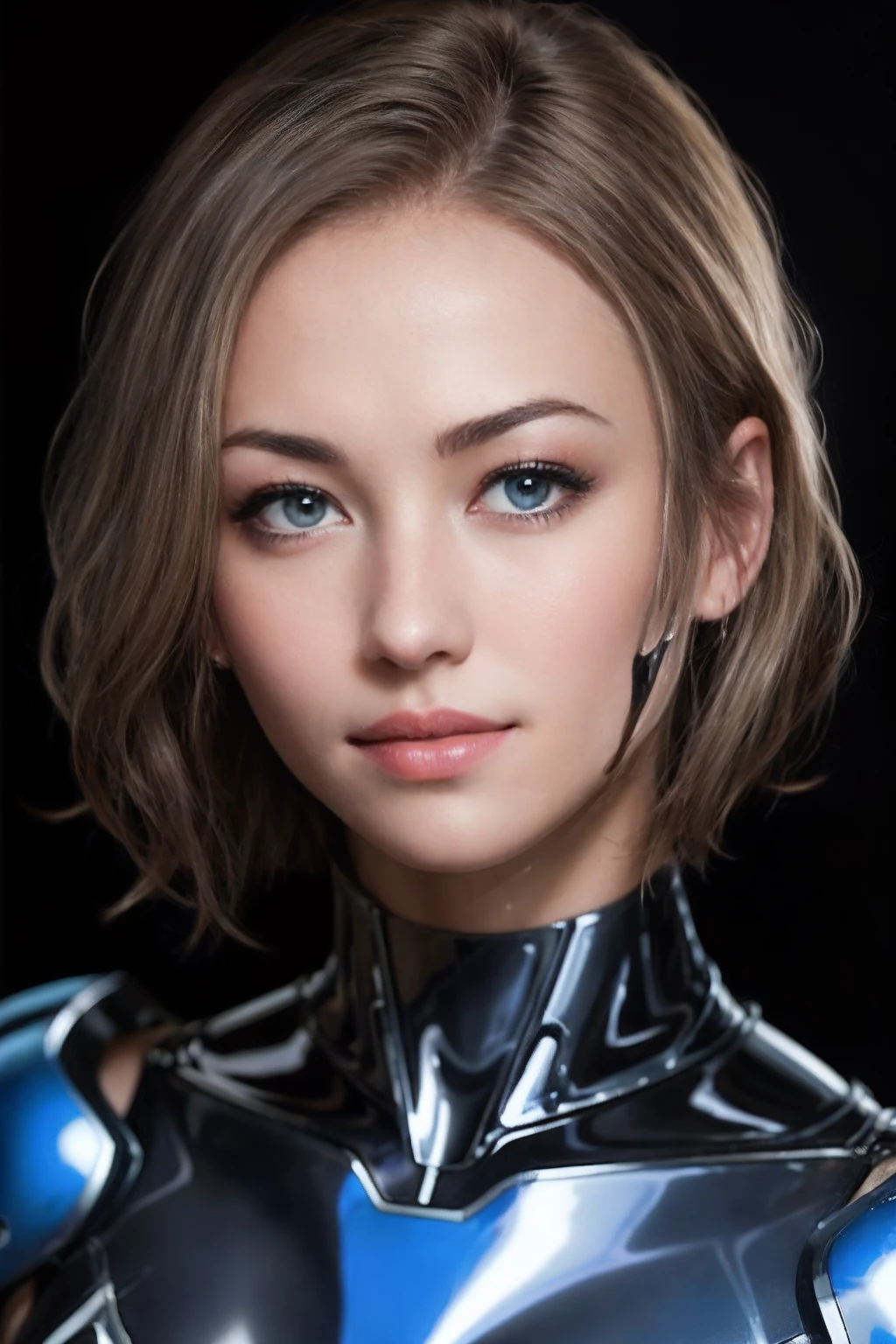 Foto de Yvonne Strahovski con un traje mecánico, Solo, Blue eyes, corte de pelo bob inverso, piel brillante, piel mojada, piel brillante y brillante, piel brillante, piel grasosa, Foto en la cabeza sobre fondo negro, ambiente cálido, fotografía, Toma de fotos, Tomada con una cámara Panavision Panaflex Platinum equipada con lente esférica Panavision Primo Prime de 75 mm T1.9