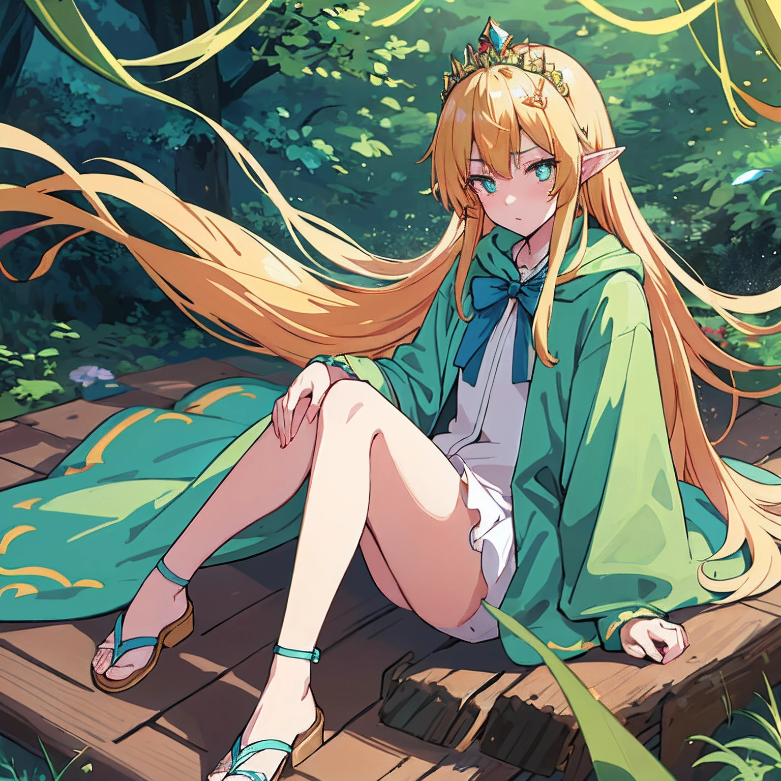 hiquality, tmasterpiece (One Elven Princess) High. long ears, blonde woman, a small crown on the head, Cyan eyes, Sullen face. Green hunting cloak, Sandals. in front of a forest background.