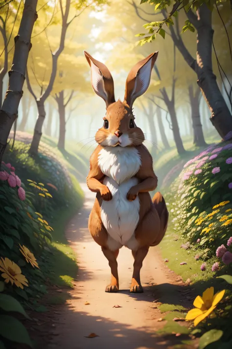 Create animation of a brown rabbit, curious in an enchanted forest with a path of leaves and colorful flowers