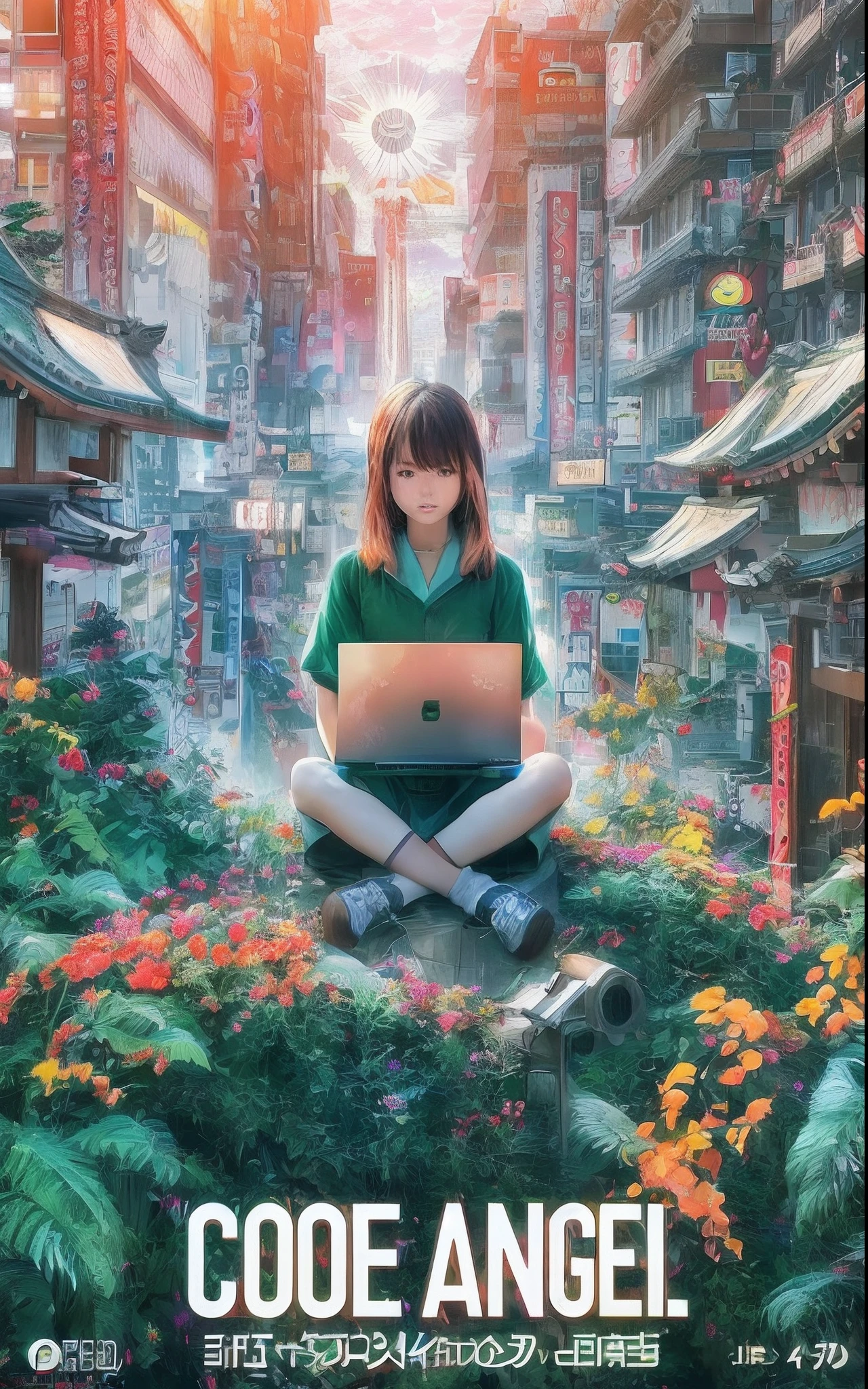 Movie Photography Movie Posters, Showing a 13-year-old girl sitting at a shrine in the valley between buildings in Akihabara, tokyo prefecture, Working with a laptop. The morning sun is shining. 8K, Best Rendering, Top Text Says "Code Angel"