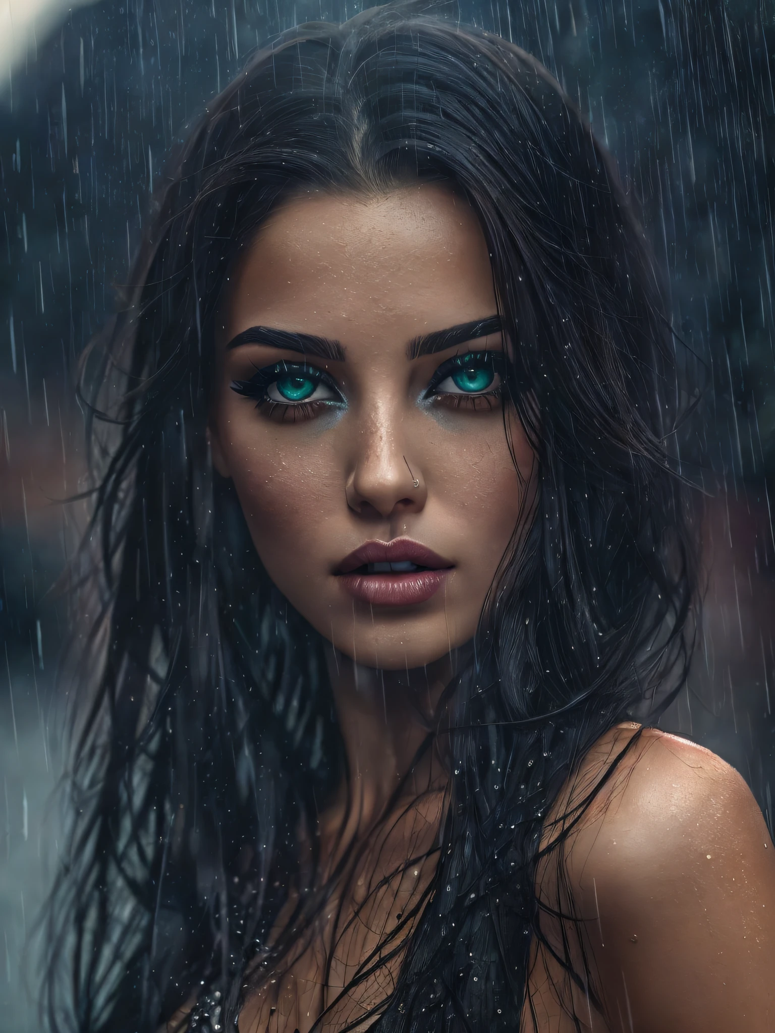 A close up of a woman with long black hair and blue eyes - SeaArt AI