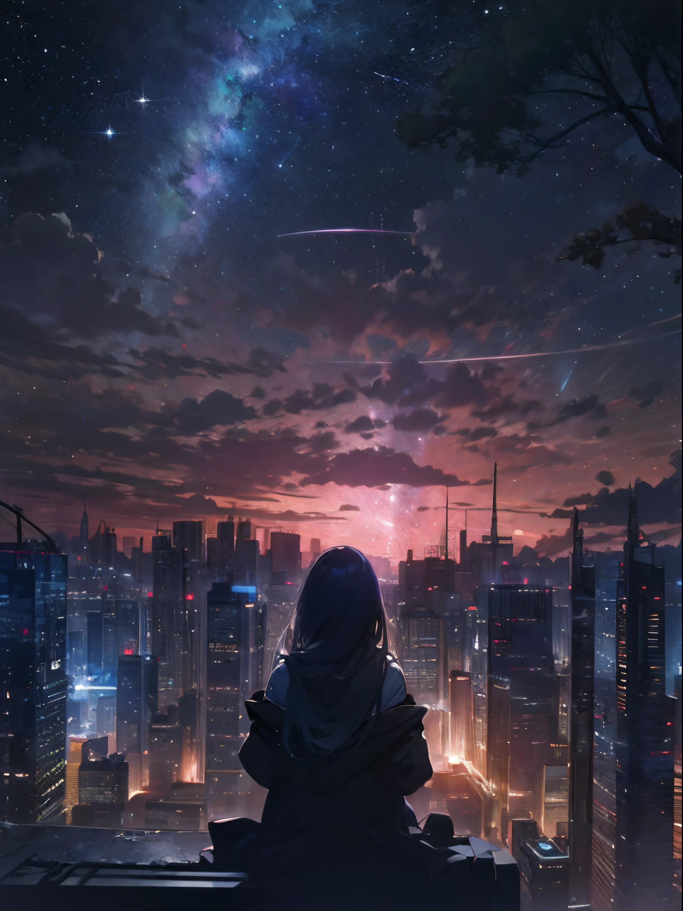 空, 星 (空), 景色, 星ry 空, 夜, 1人の女の子, 夜 空, 一人で, 屋外, 建物, 雲, 天の川, 座っている, 木, 長い髪, 市, シルエット, 市scape