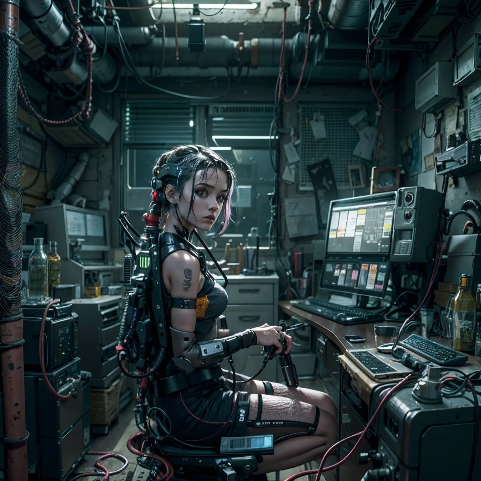 photo réaliste, cinématique, haute qualité, Fille cyberpunk assise devant un ordinateur, in an abandoned room with câbles et tuyaux, un ventilateur mural industriel, une fenêtre avec une ville cyberpunk, environnement sombre, style de matrice, style de coureur de lame, pièce encombrée, ordinateurs et serveurs, câbles et tuyaux, environnement industriel, brouillard.