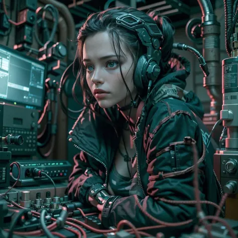 Foto realista, cinemactic, alta calidad, Chica Cyberpunk sentada frente a una computadora, in an abandoned room with cables and ...