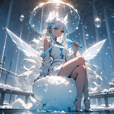 Water fairy, hair (as clear as water), beautiful deep blue eyes, fair skin (like snow), wearing white attire, expressive and int...