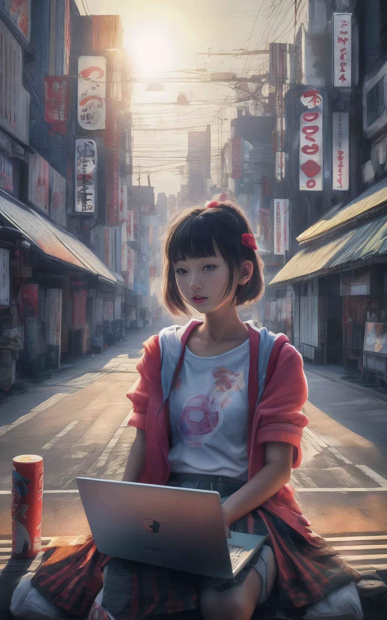 Cartazes de filmes fotográficos, Menina de 13 anos sentada em um santuário no vale entre prédios em Akihabara, prefeitura de Tóquio, Trabalhando com um laptop. o sol da manhã está brilhando. 8K, melhor renderização, O texto principal diz "Código Anjo" Atrás de uma garota olhando na direção do sol da manhã、Tem cabelo de menina que recebe a luz do sol da manhã、Garota com capuz、Garota nerd、garota sozinha、Lindas peles、Renderização detalhada、Fotos da mais alta qualidade、obra-prima