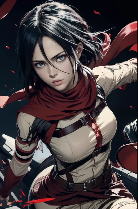 mikasa ackerman, female action anime girl, postura, attack on titans, uma cena do《attack on titans》, personagem de anime feminin...