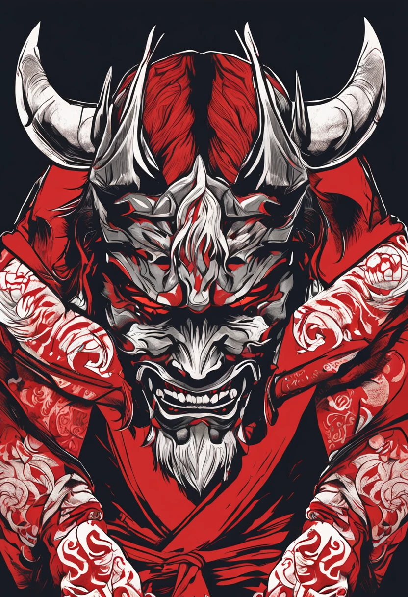 A red and black illustration of a demon with horns and a red robe ...