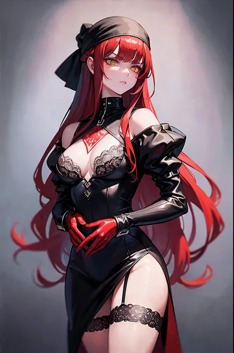 ((masterpiece)), ((best quality)), 1girl, long hair, big bust, ((red hair)), profile picture, close-up, profile photo, very long red hair, ((intimidant look)), sexy pose, ((blood marks)), yellow eyes, ((white lace lingerie)), ((chains)), leather, dark colo...