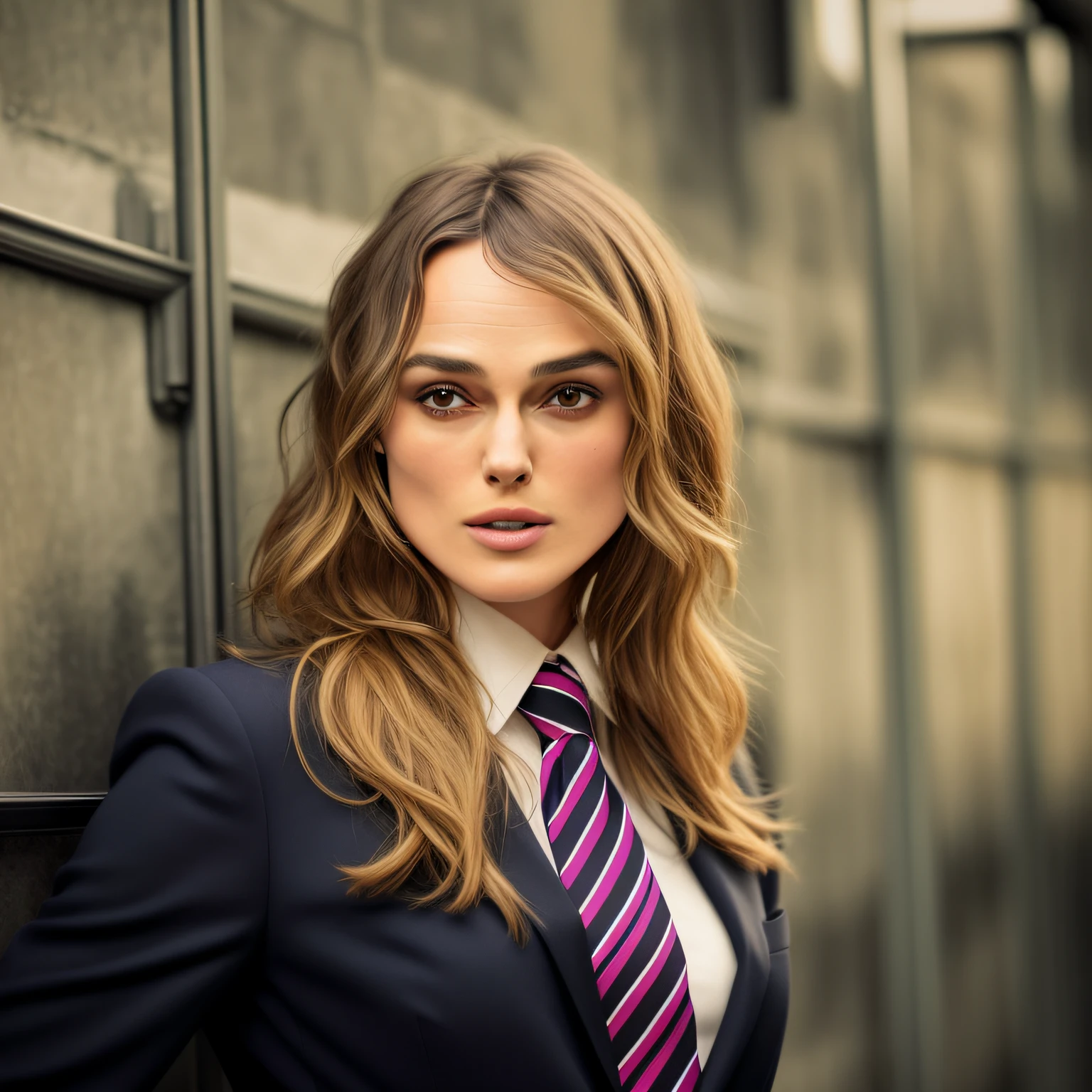 Keira Knightley in a Terno and tie leaning against a wall, girl in Terno, girl in a Terno, wearing a strict business Terno, in strict Terno, wearing Terno and tie, woman in business Terno, wearing a Terno and a tie, wearing a Terno and tie, wearing business Terno, in a strict Terno, Terno ， rosto perfeito, jovem mulher de negócios