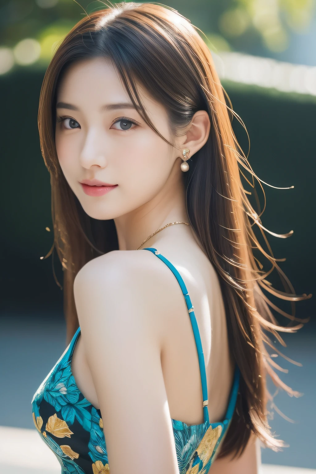 (((８K Very high resolution, high detailing, highly accurate, masutepiece))),Photography & realistic atmosphere,shinny skin,Beautiful skin,fine-grained white skin,Detailed face,Detailed eyes、Dark green eyes,Very pretty eyes,Detailed lips、very beautiful face,Very well-formed face、Lifelike face,shiny beautiful lips,Beautiful eyebrows,Ebisu background drawn in detail,、Delicate Makeup,The best natural makeup for professional stylists(((８K,very high res, high detailing, High Definition, masutepiece))),Japan idle,Korean Idol,Very beautiful woman,Very beautiful girl,very shapely breasts、Ornaments that match beautiful fashion(((high-detail,high detal,​masterpiece,Simple and elegant ornaments,a necklace,Bracelets, the ring, piercings,))),Adornments designed to the smallest detail,Beautiful Women's Fashion,Very stylish and beautiful fashion,summer fashion,Photograph the whole body,Very beautiful Japan 17 year old beautiful girl,17-year-old beautiful girl who is too beautiful in Japan,A dress with a beautiful silhouette that is particular about design,Dresses made with attention to detail,Beautiful patterned dresses,Wearing sandals with detailed heels,Wearing beautiful heeled sandals,very beautiful hair with brown hair and shiny,Stylish and very beautiful long hair,Teary-eyed,Gentle smile,watching at viewers,Natural gestures,High-definition Ebisu as a background,Mature and beautiful, Beautiful but a little innocent,natural soft light,(((photorealisim))),Reality Live Action,Beautiful nails with nail art,Beautiful legs、,backshots,facing back,turned around,Very high resolution high detail masterpiece,Face,Natural realistic face,Natural light in the city
