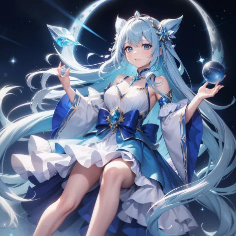 Chibichara、A smile、Blue Long Hair、Engaging pose、Blue costume、Fantasia、Luminous Crystal、Holding a crystal ball、constellation、a moon