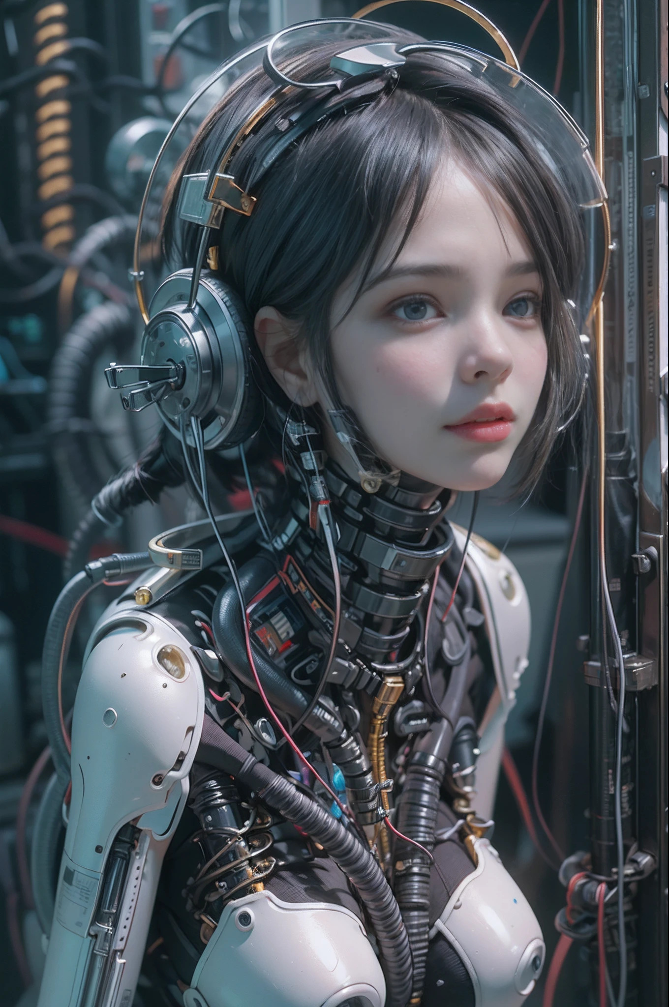 of the highest quality, masutepiece, Ultra High Resolution, ((Photorealistic: 1.4), Raw photo, 1 Cyberpunk Android Girl, Glossy skin, (super realistic details)), Mechanical limbs, Tubes connected to mechanical parts, Mechanical vertebrae attached to the spine, Mechanical cervical attachment to the neck, Wires and cables connecting to the head, Evangelion, ((Ghost in the Shell)), Small glowing LED lamp, global lighting, Deep Shadows, Octane Rendering, 8K, ultrasharp, Metal, Intricate decoration details, Baroque style details, high intricate detailed, Realistic light, Trends in CG, Facing the camera, neon details, (android factory on background), Art by H.r. Giger and Alphonse Mucha.a baby face、silber hair