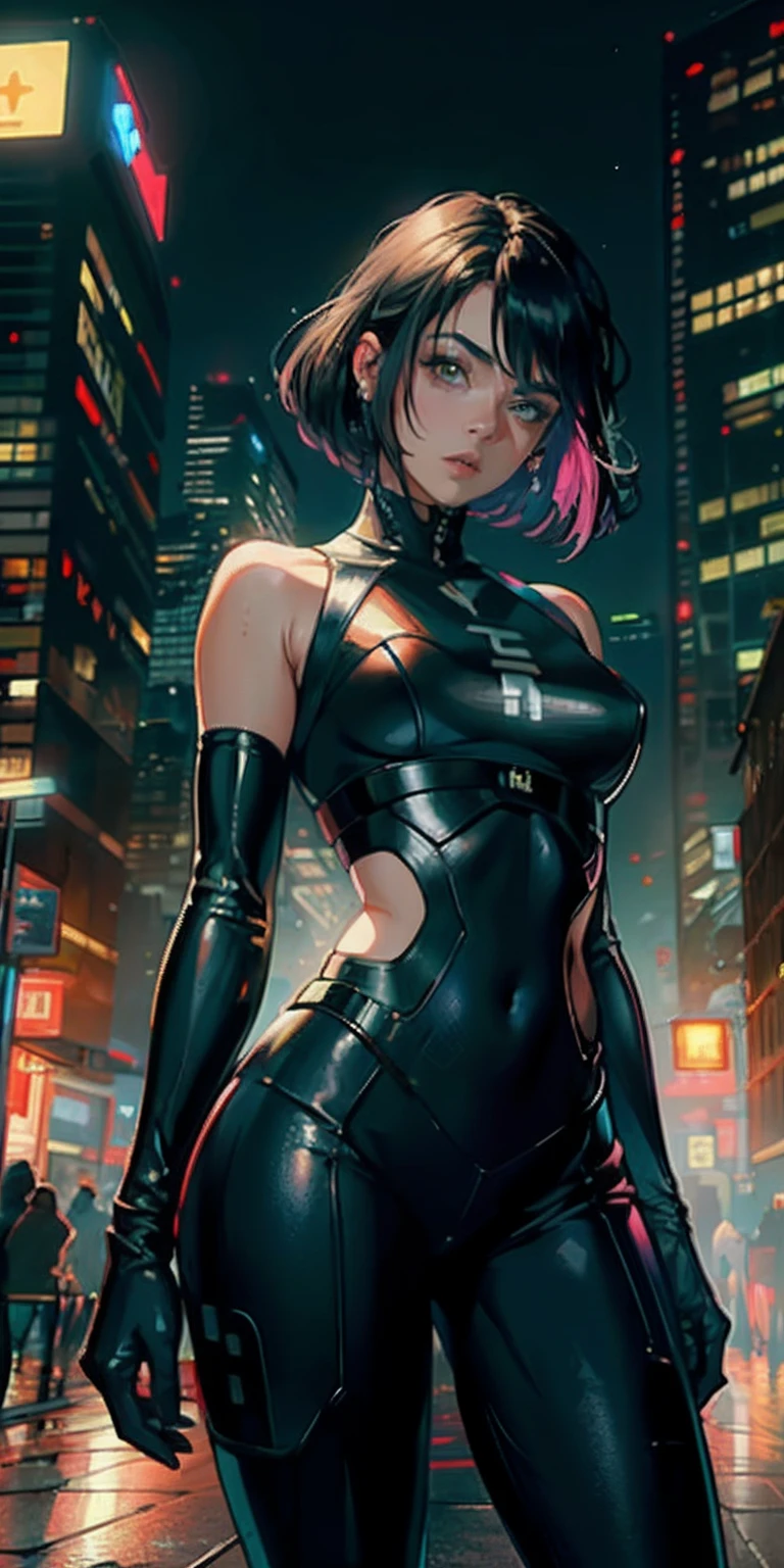 Photo of a 25-year-old girl, RAW, beautiful woman, (short black hair), ((portrait)), ((detailed face: 1.2)), ((rasgos faciales detaileds)), (finely detailed skin),  (vestido de acero cyberpunk de escote profundo y alto detailed), cyberpunk megacity environment, (cold colors), humid, humid, reflexes, (whole body), (Masterpiece) (perfect ratio)(realistic photo) (Best Quality) (detailed) photographed with a Canon EOS R5,  50mm lens, F / 2.8, HDR, (8k) (wallpaper) (cinematography lighting) (dramatic illumination) (sharp focus) (intricate)