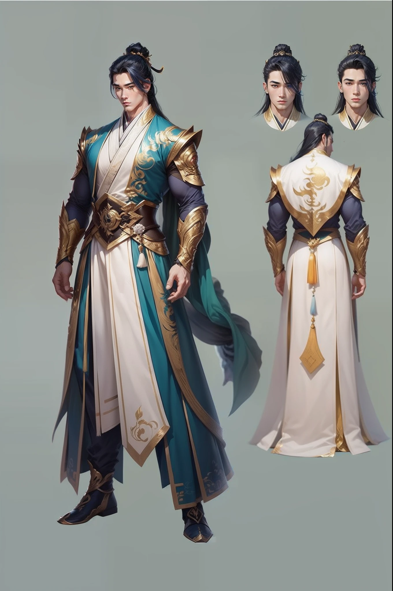 male donghua fantasy, god of ice and is the first to appear tall as a god, short hair, character design sheet, different poses, different angles, 1boy, single, asian boy, handsome, reference sheet, perfect face, hansome face, 1.85 tall, shaved, gods chinese donghua outfit, muscle body, athletic body. (Blue perfect eyes), (long hair), (long bangs), (blue  hair), (tanned skin), background simple