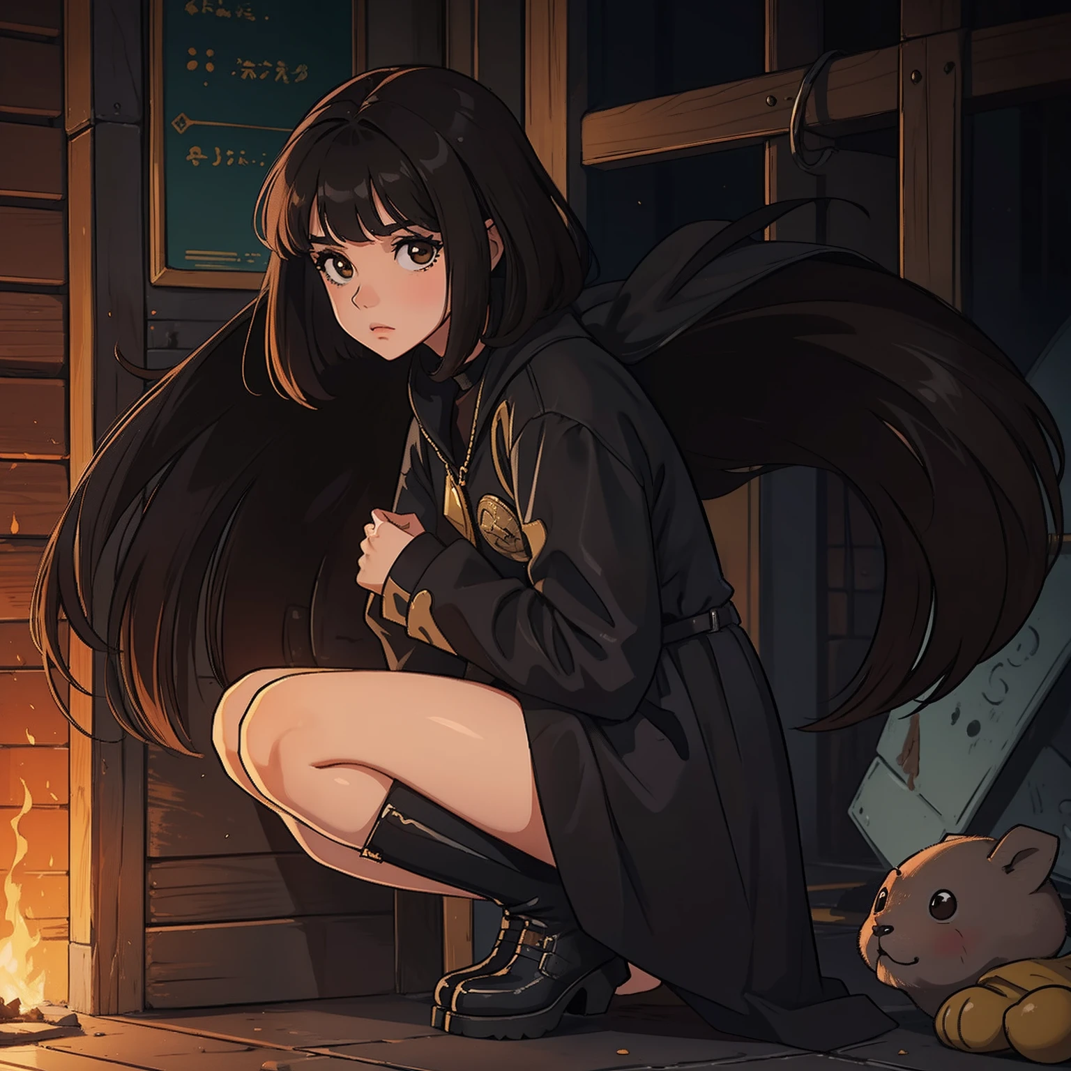 Anime girl kneeling down in front of a fire with a stuffed animal - SeaArt  AI