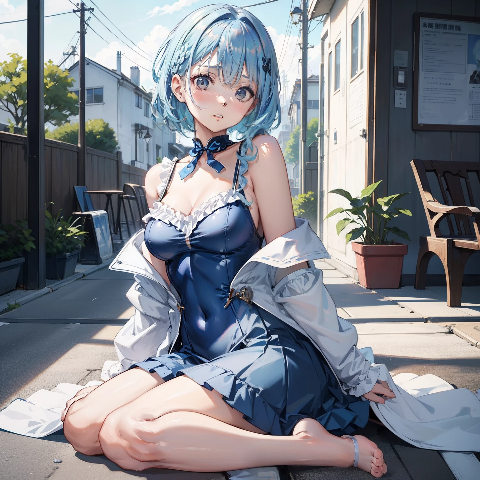 Light blue haired girl sitting in the middle of the road、A look of shame、shame、off shoulder one piece dress、Navel out、randome pose、（Messy light）、（Best Highlights）、（Best Shadows）、（highestdetailed）、（Highest image quality 8K）、（masutepiece）