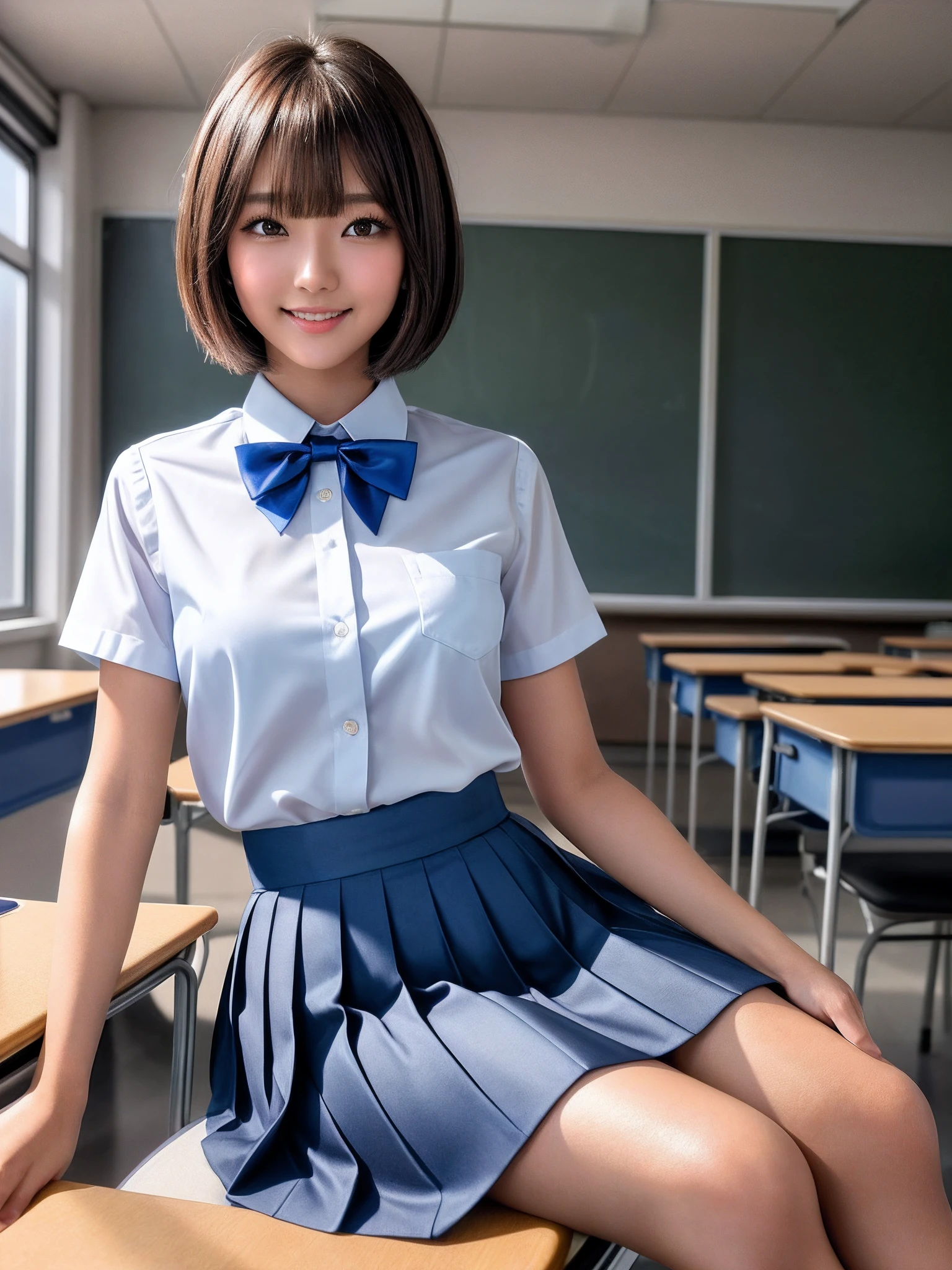 product quality, 1girl, upper body shot, front view, a Japanese young pretty woman, bob hair, glamorous figure, wearing a short sleeves white collared silky shirt with a dark blue satin plain bow tie, wearing a light blue pleated long skirt, sitting on a desk with a big smile in a classroom, hyper cute face, glossy lips, double eyelids in both eyes, natural makeup, long eyelashes, shiny smooth light brown bob hair, asymmetrical bangs, a tanned skin, central image, high resolution, high detail, detailed hairstyle, detailed face, spectacular cinematic lighting, octane rendering, vibrant, hyper realistic, perfect limbs, perfect anatomy