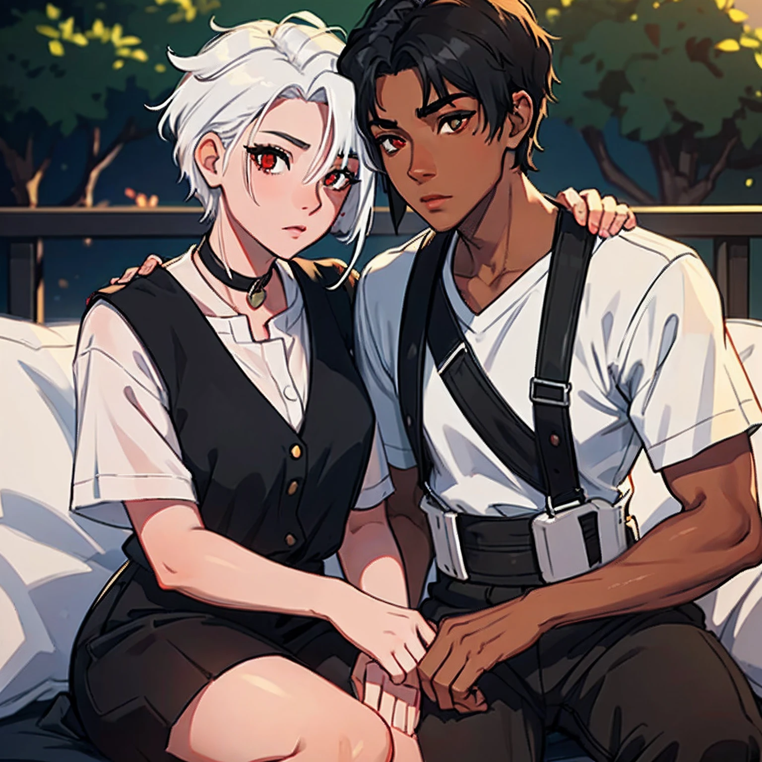 Anime couple sitting on a bed with a white shirt and black skirt - SeaArt AI