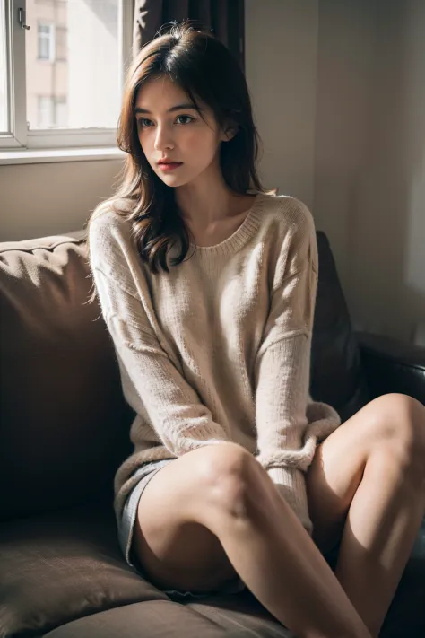 1girl in,Sitting on a cozy sofa,cross one's legs,Soft light
