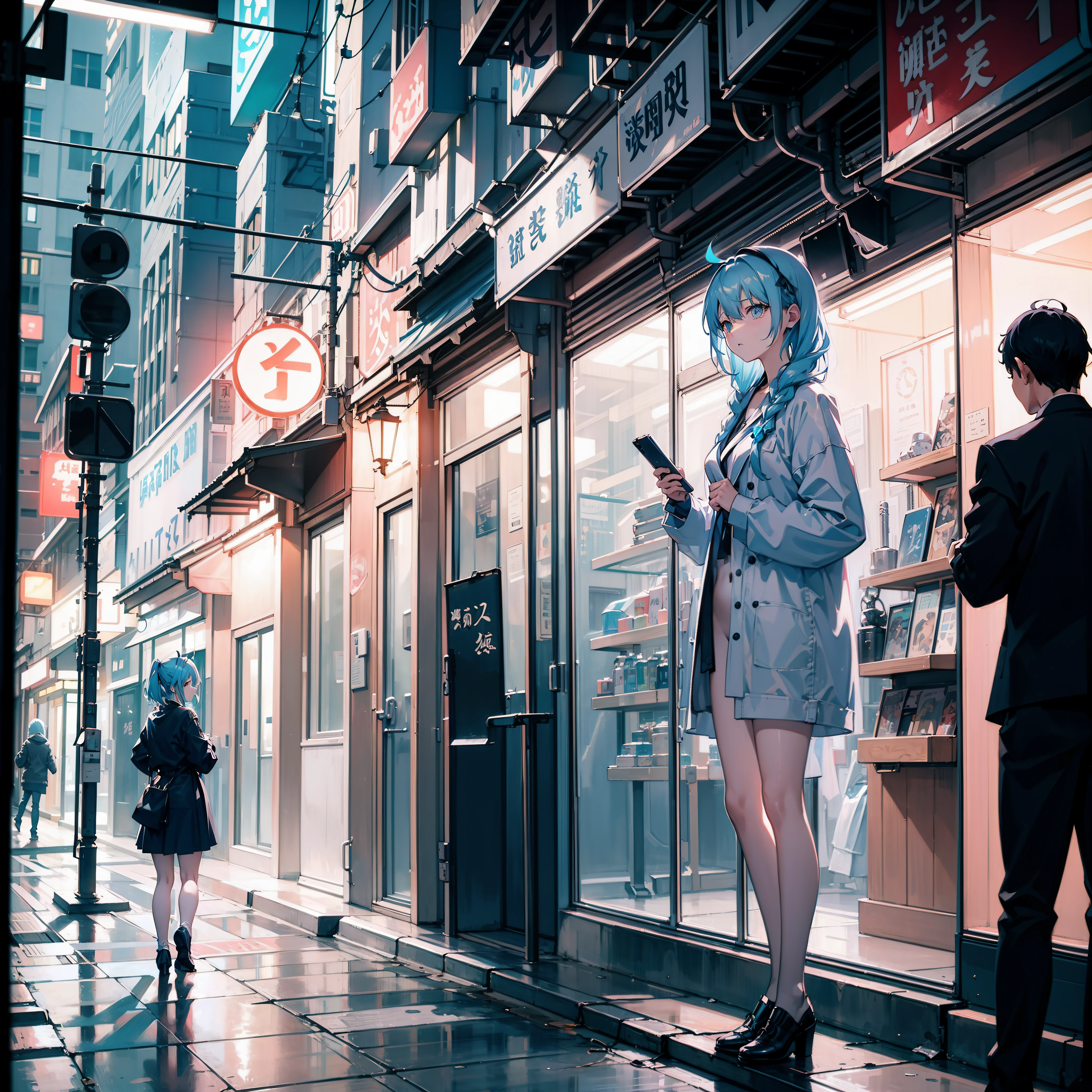 Light blue hair woman standing in night city、A look of shame、shame、naked、Shame pose、Neon Street、（Messy light）、（Best Highlights）、（Best Shadows）、（highestdetailed）、（Highest image quality 8K）、（masutepiece）