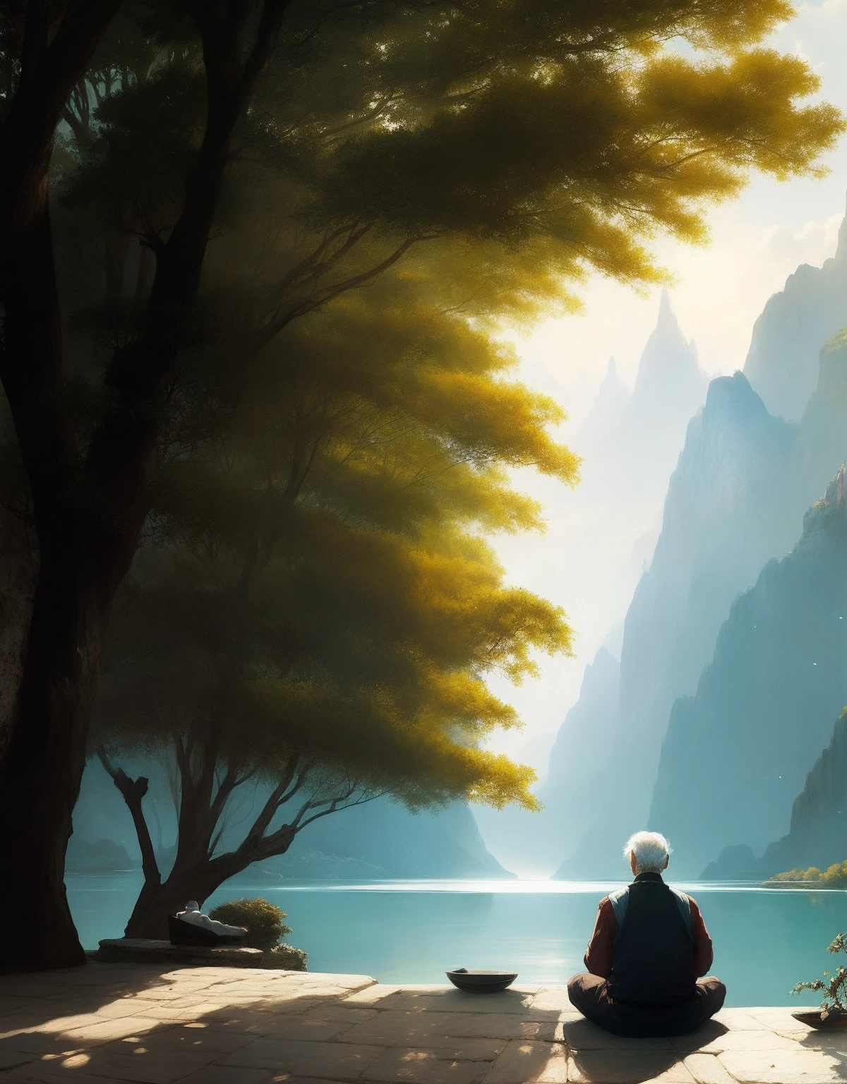 A photo of an old man in the 19th century in meditation in a beautiful and calm environment, river and many trees around, bela pintura com rosto altamente detalhado por greg rutkowski e magali villanueve, Trends in the Arts Station, foco nítido, Studio photo, detalhes intrincados, altamente detalhados, Por Greg Rutkowski