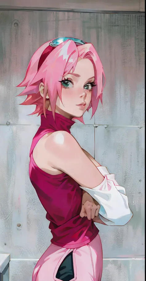 araffe with pink hair and a pink top posing for a picture, cute girl with short pink hair, haruno sakura, with pink hair, short ...