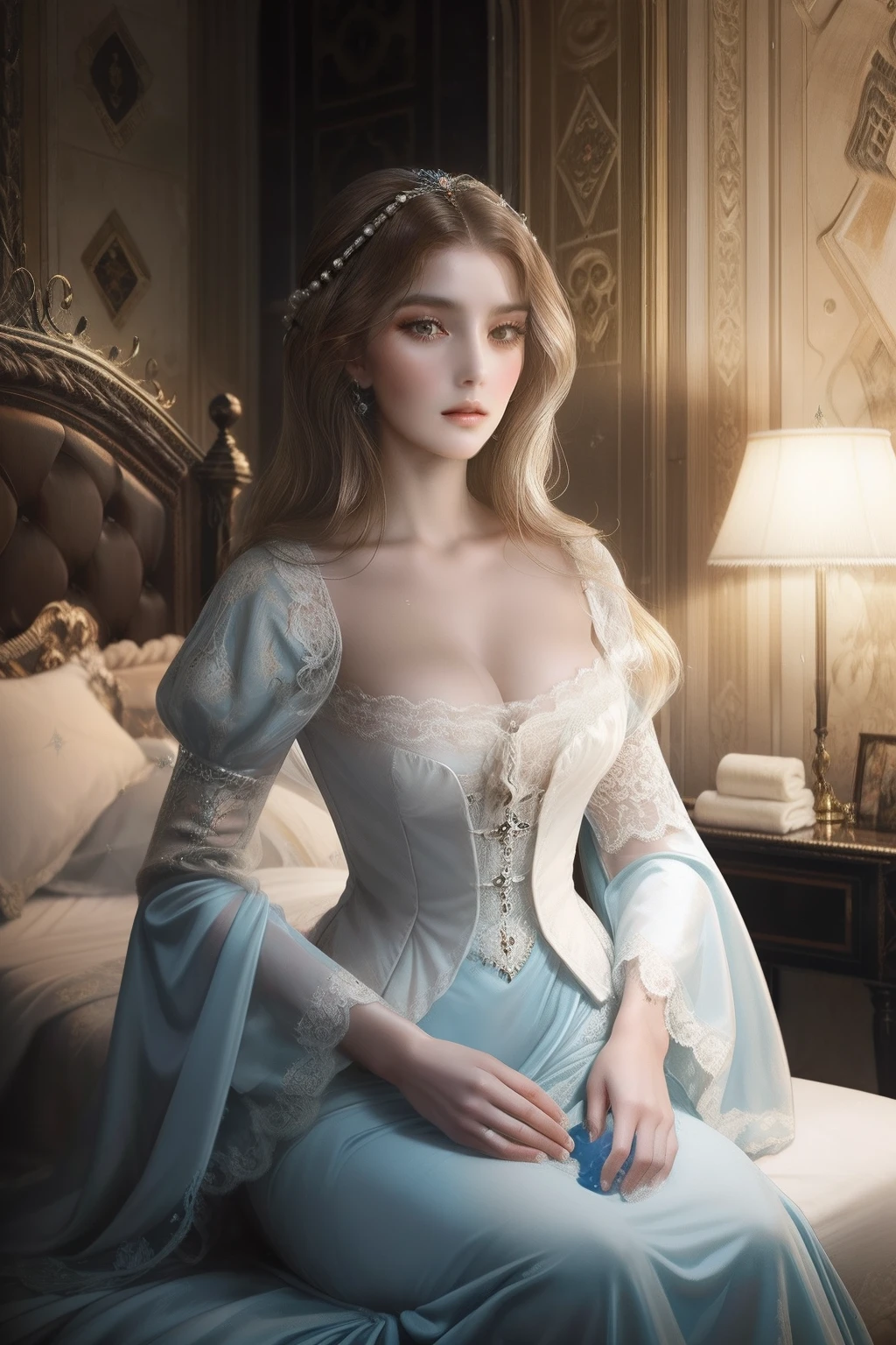 Beautiful French noblewoman of the middle ages, long black hair, alluring blue eyes, voluptuous body, Maximum sensuality, wearing night robes in a luxurious bedroom, Clean yourself with wet wipes