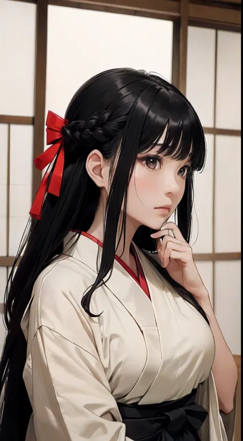 (Woman with Japan long bow:1.4)、1girl in,Black hair fringe long hair、Braided hair、disheveled hair、Light brown eyes、(Extraordinar...