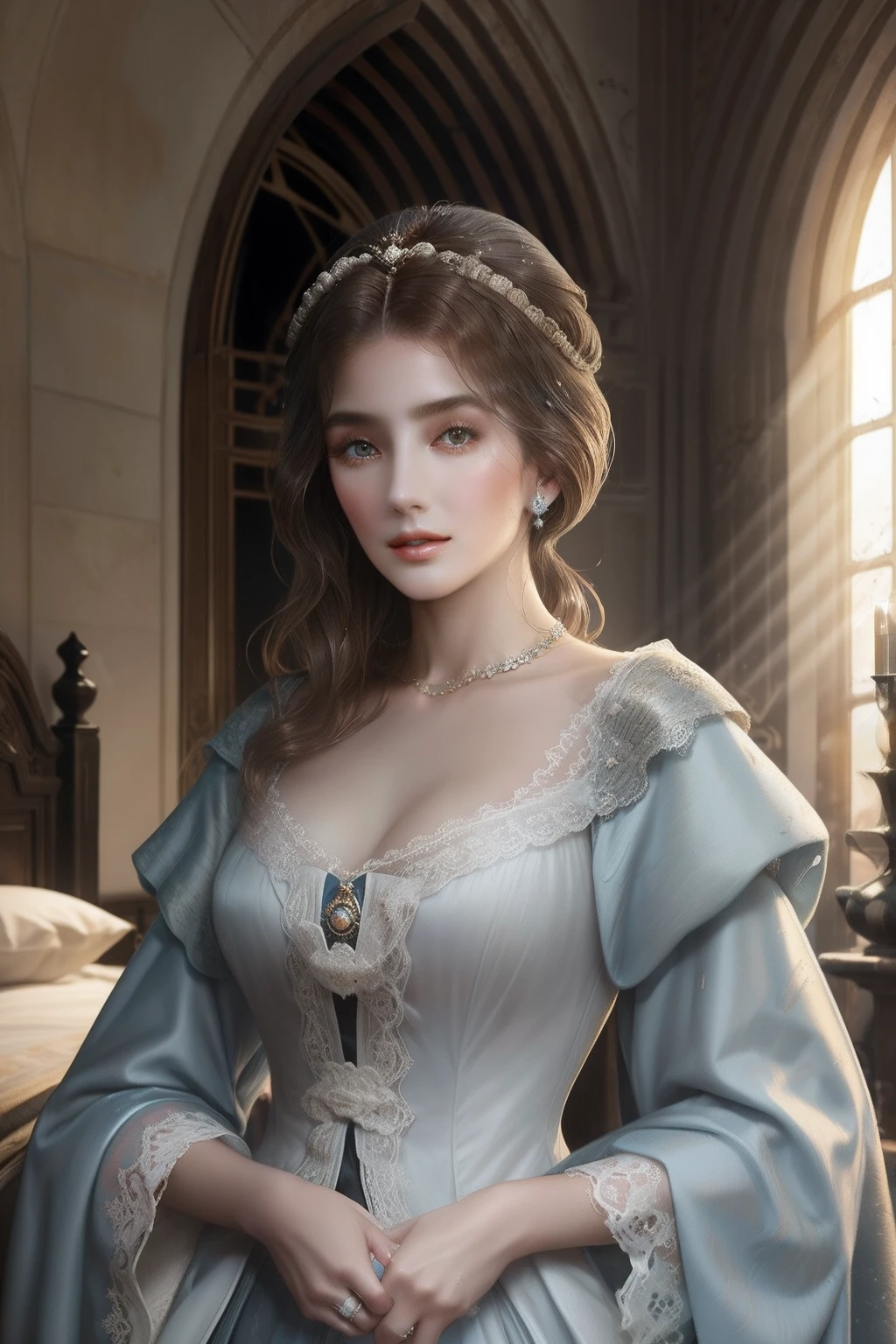 아름다운 중세 프랑스 귀족 부인, 긴 검은 머리, 매혹적인 파란 눈, 풍만한 몸매, 최대의 관능미, 호화로운 침실에서 잠옷을 입고, 물티슈로 몸을 깨끗이 닦으세요